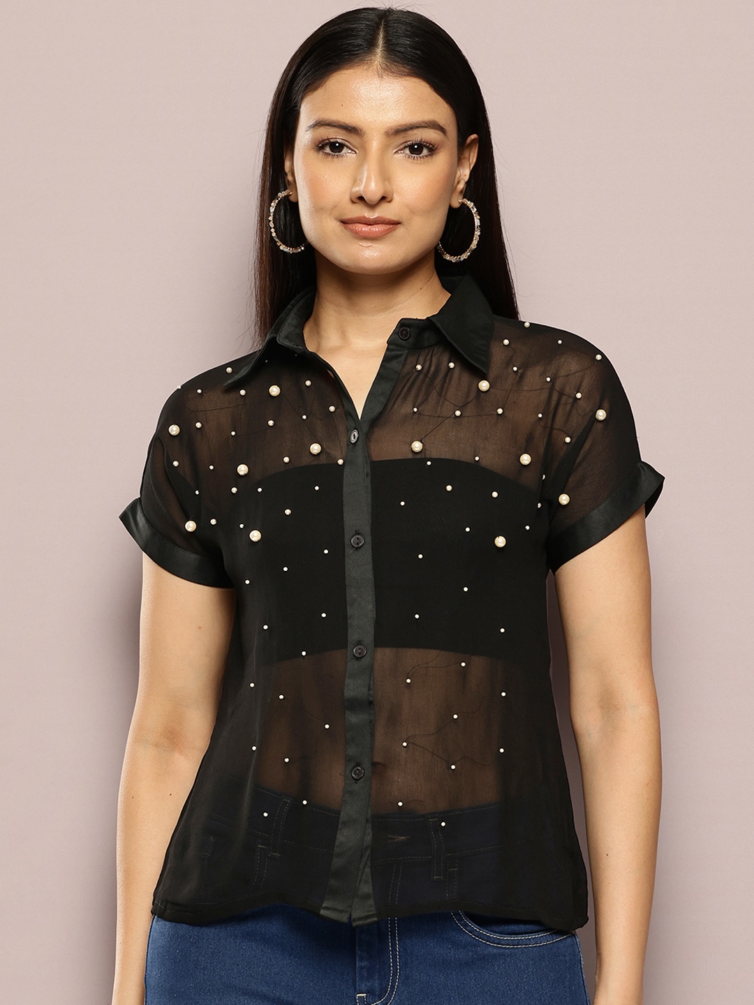 

aaliya Embellished Georgette Shirt Style Top, Black
