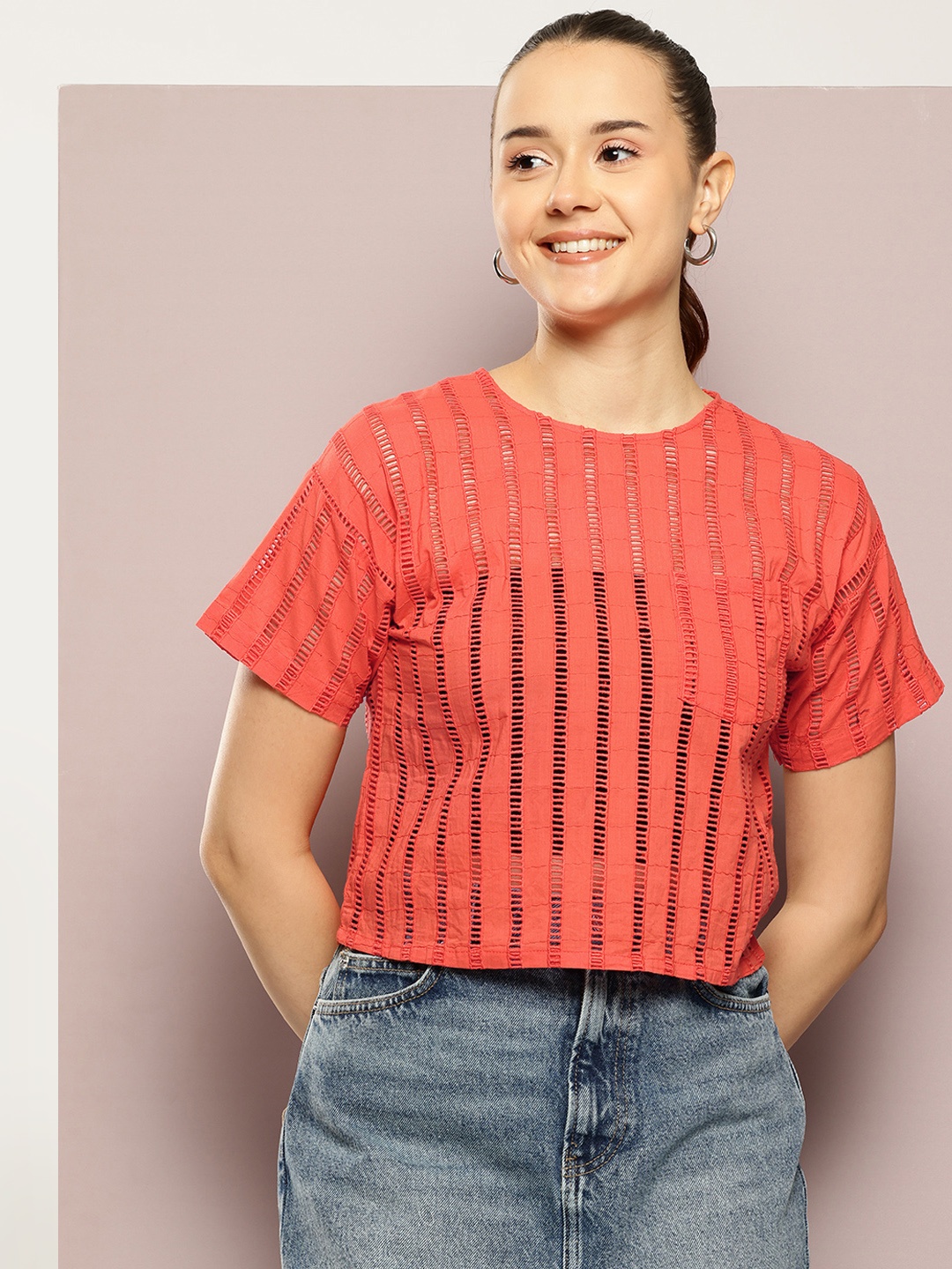 

aaliya Self Design Top, Orange