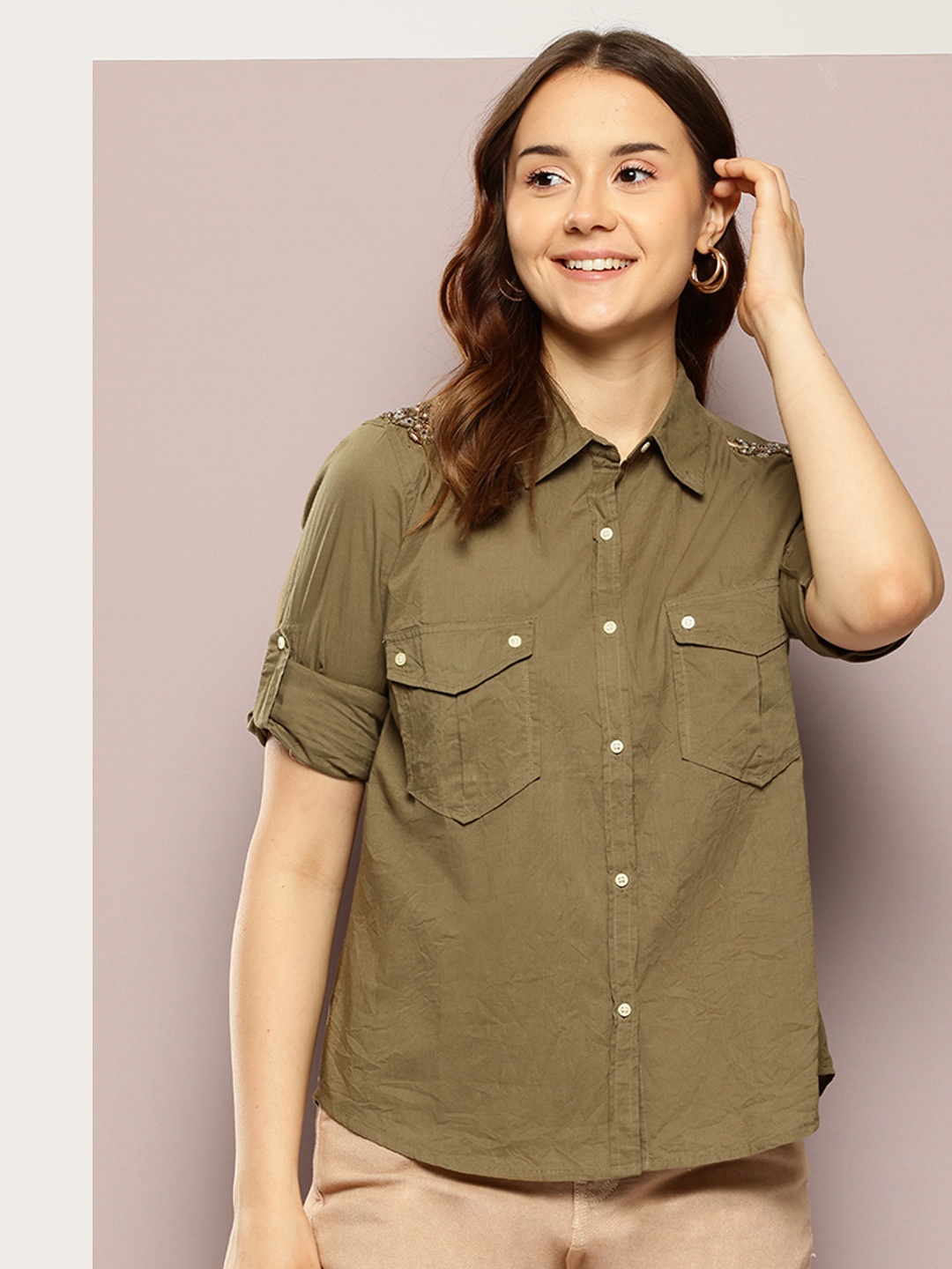 

aaliya Cotton Shirt Style Top, Olive