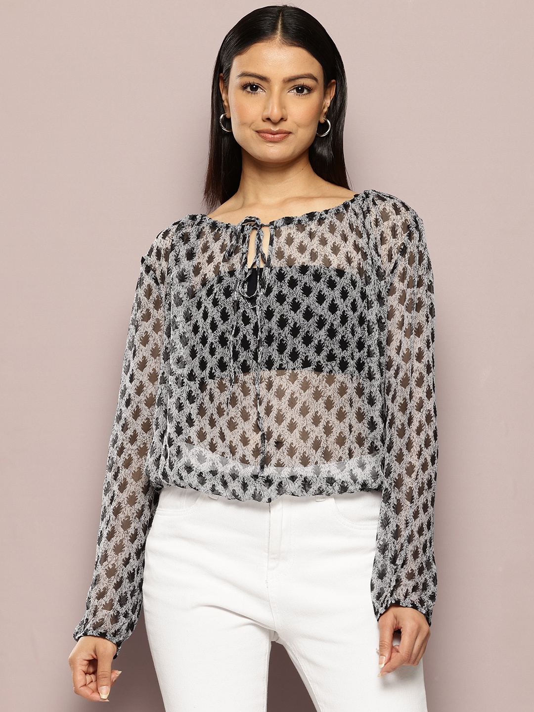 

aaliya Print Tie-Up Neck Sheer Georgette Top, Grey