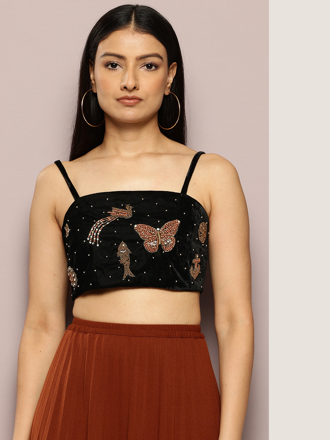 

aaliya Embellished Velvet Tube Crop Top, Black