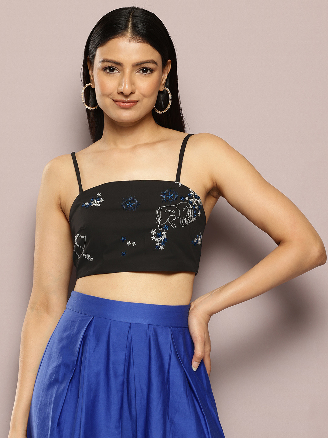 

aaliya Floral Embroidered Cotton Tube Crop Top, Black