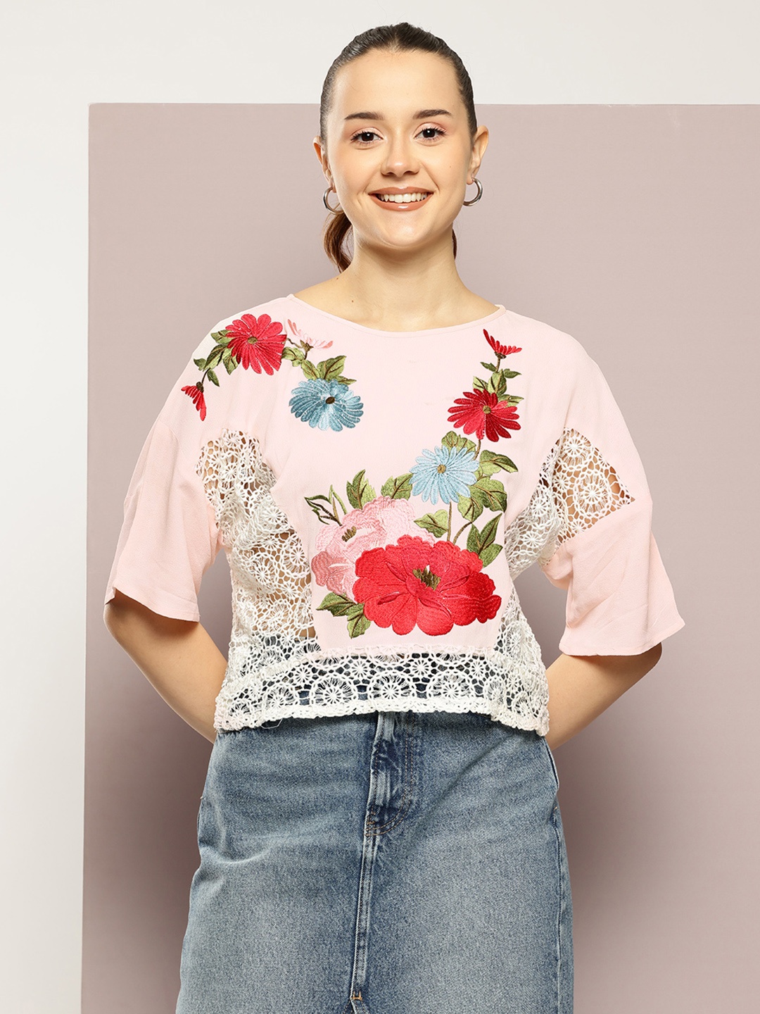 

aaliya Floral Print Extended Sleeves Crepe Top, Pink
