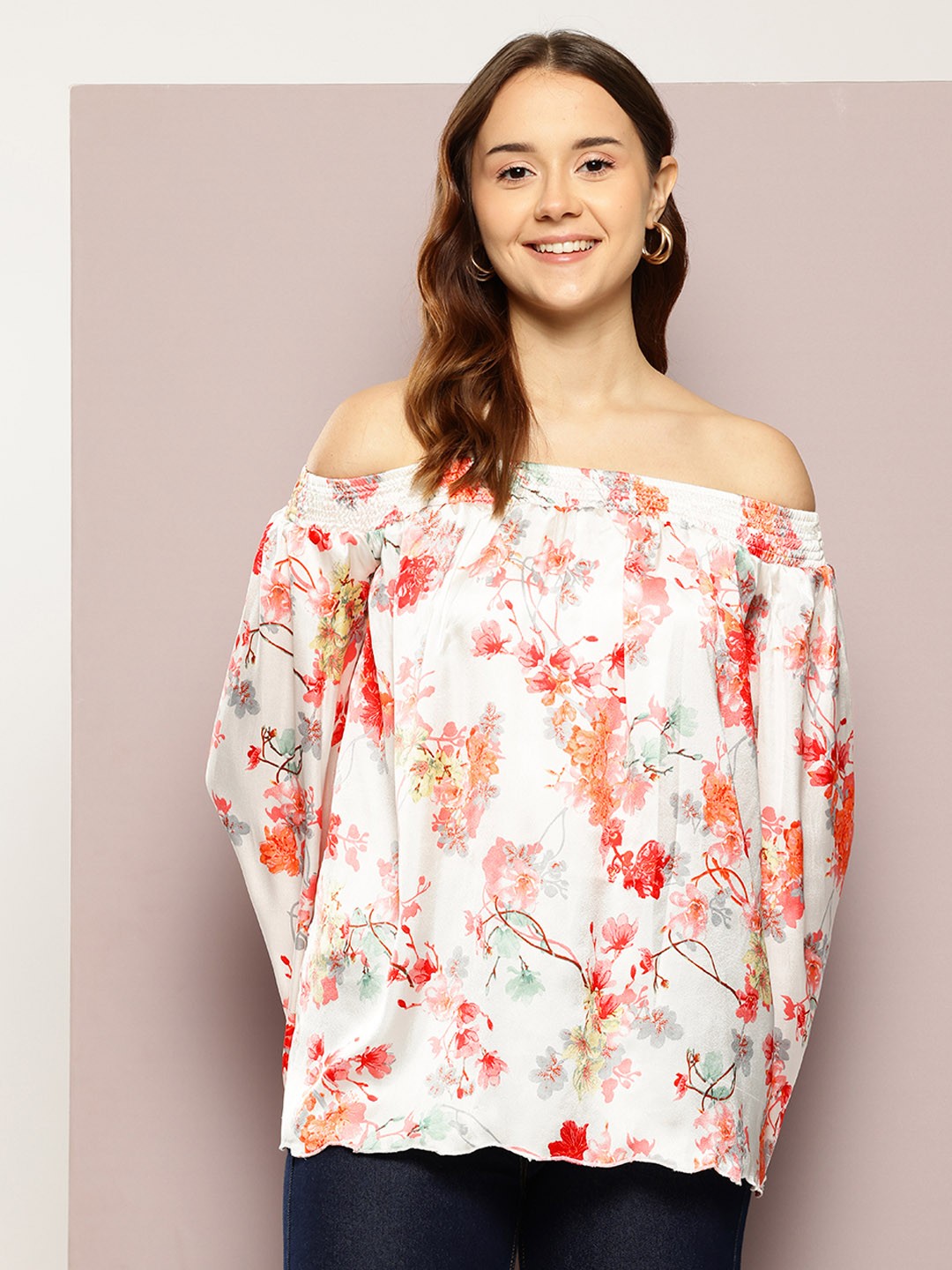 

aaliya Floral Print Off-Shoulder Flared Sleeves Bardot Top, White