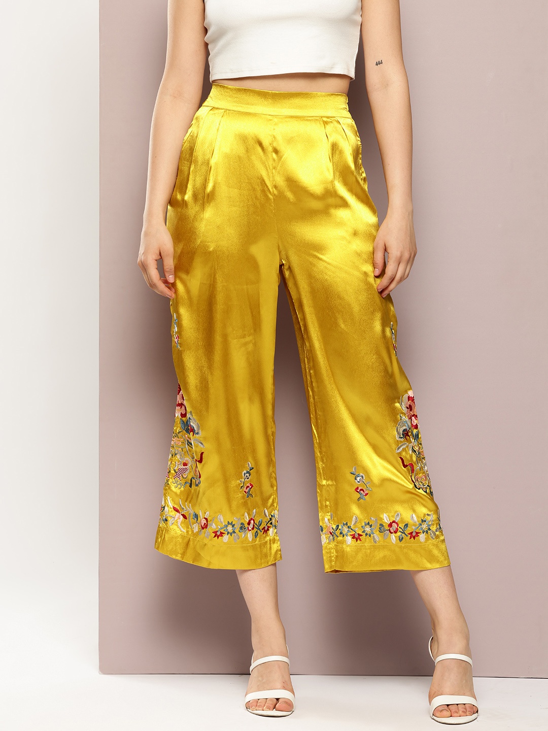 

aaliya Women Floral Embroidered Relaxed Culottes, Mustard