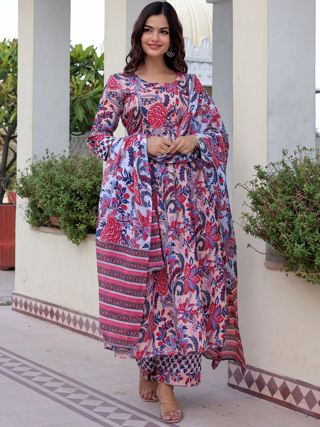 

KALINI Women Floral Printed Empire Kurta with Trousers & With Dupatta, Pink