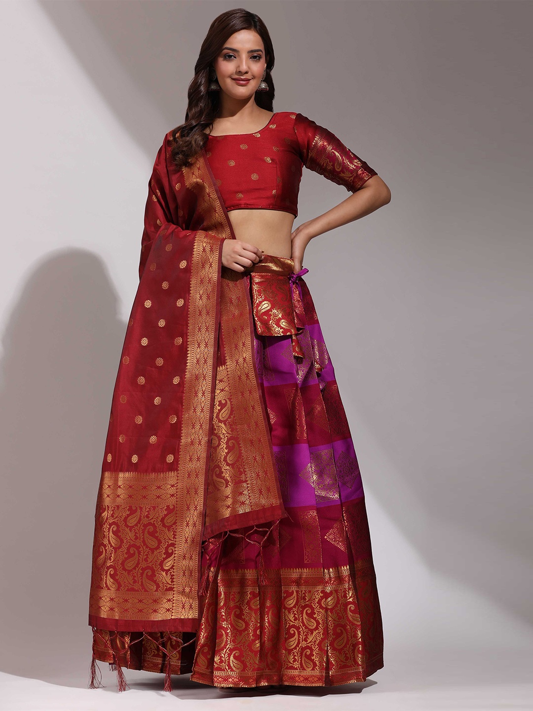 

Fabcartz Semi-Stitched Lehenga & Unstitched Blouse With Dupatta, Red