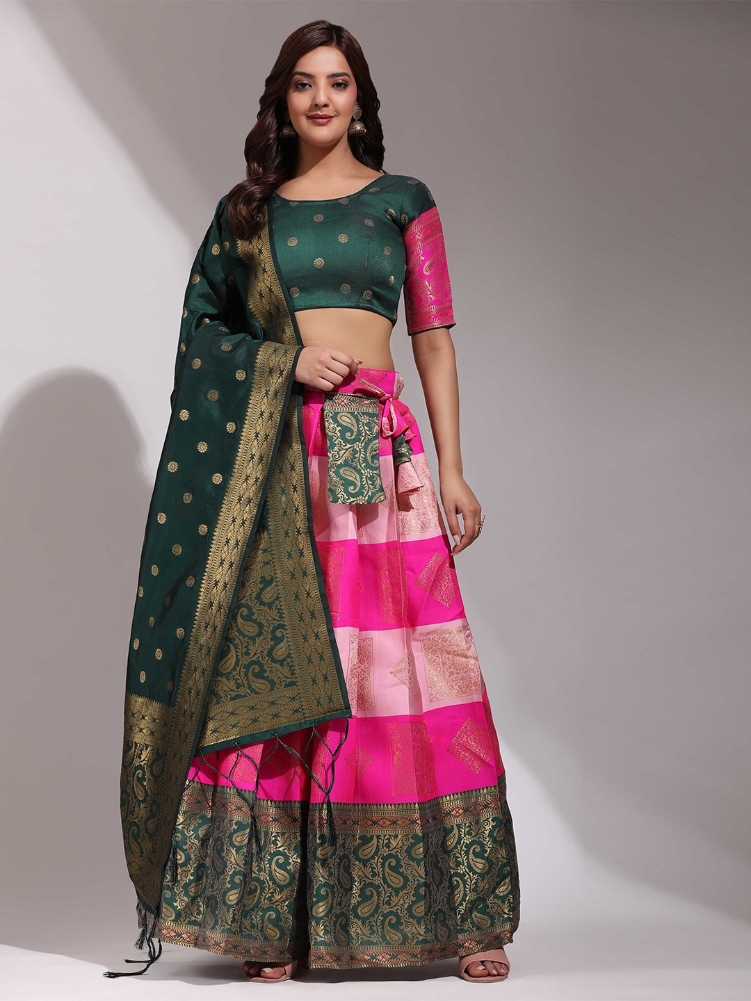 

Fabcartz Semi-Stitched Lehenga & Unstitched Blouse With Dupatta, Pink