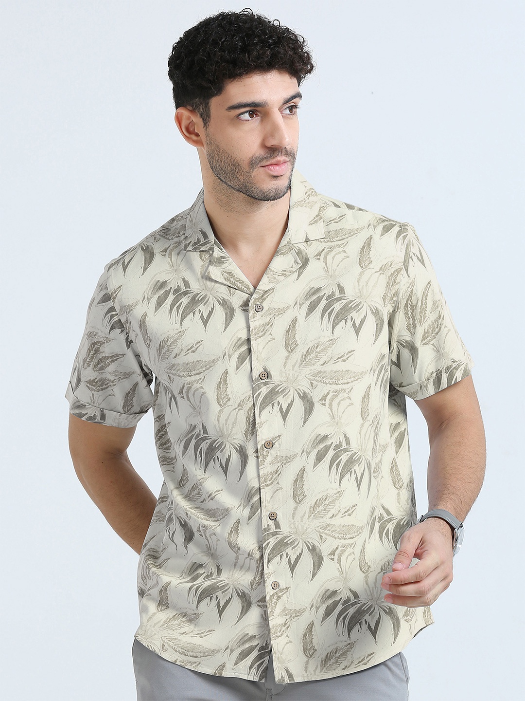 

THE FORMAL CLUB Comfort Cuban Collar Floral Printed Casual Shirt, Green