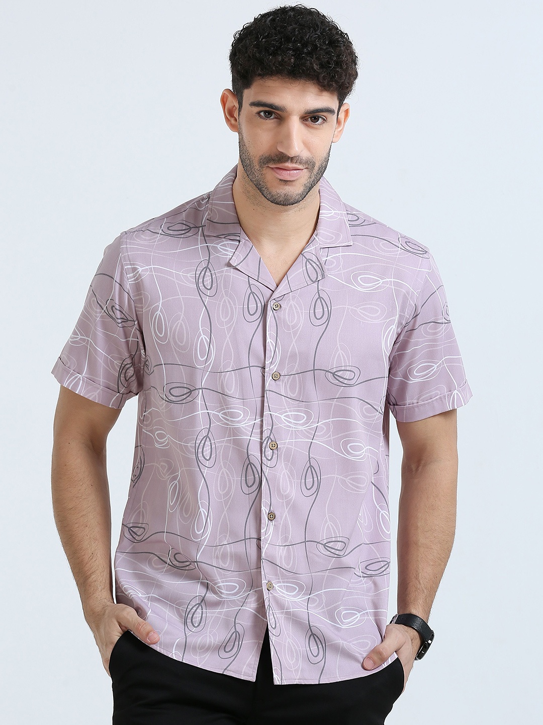 

THE FORMAL CLUB Men Cuban Collar Casual Shirt, Pink