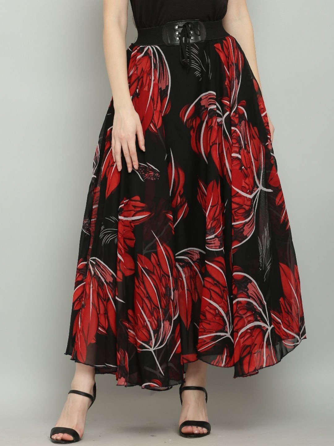 

Raabta Fashion Printed Flared Maxi Georgette Skirts, Red