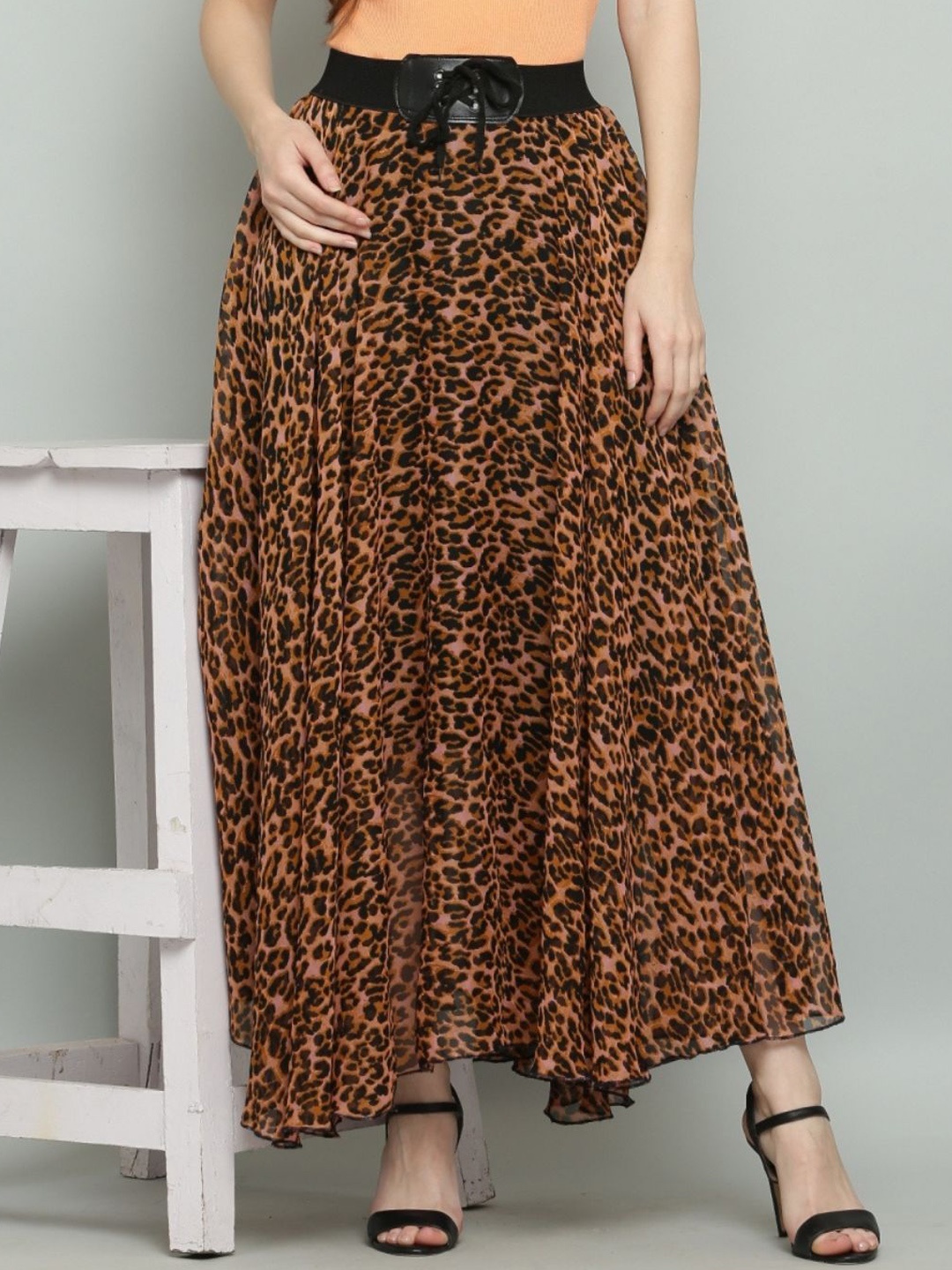 

Raabta Fashion Printed Flared Maxi Skirt, Brown