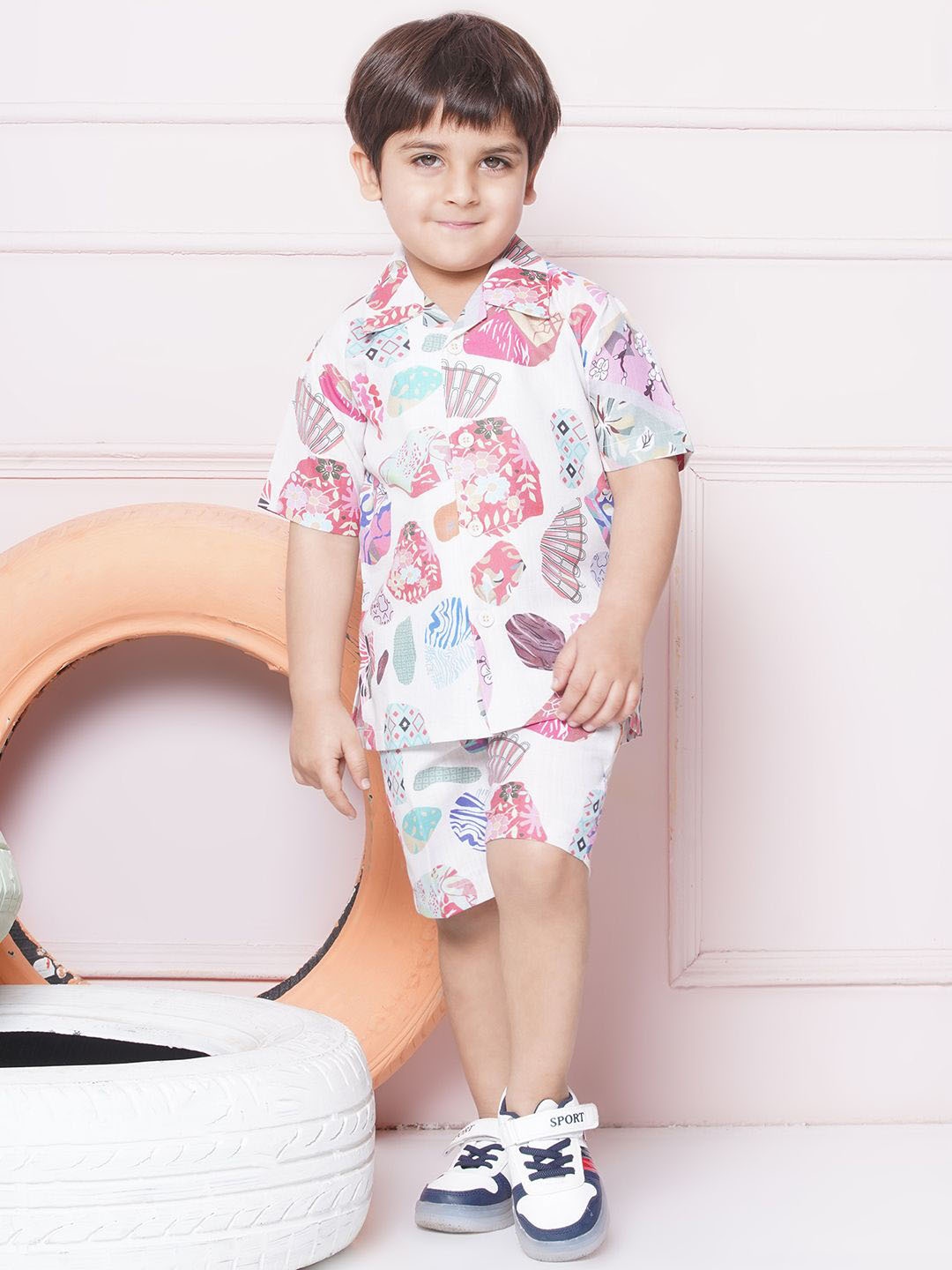 AJ Dezines Boys Printed Cotton Shirt With Shorts, Cream