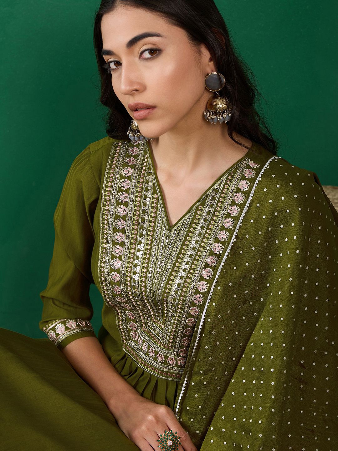 

Sangria Embroidered A-Line Kurta With Trouser & Dupatta Set, Green