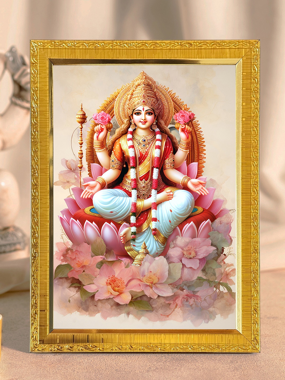 

Art Street Gold-Toned & Pink Mata Laxmi Wooden Embossed Table Top Frame