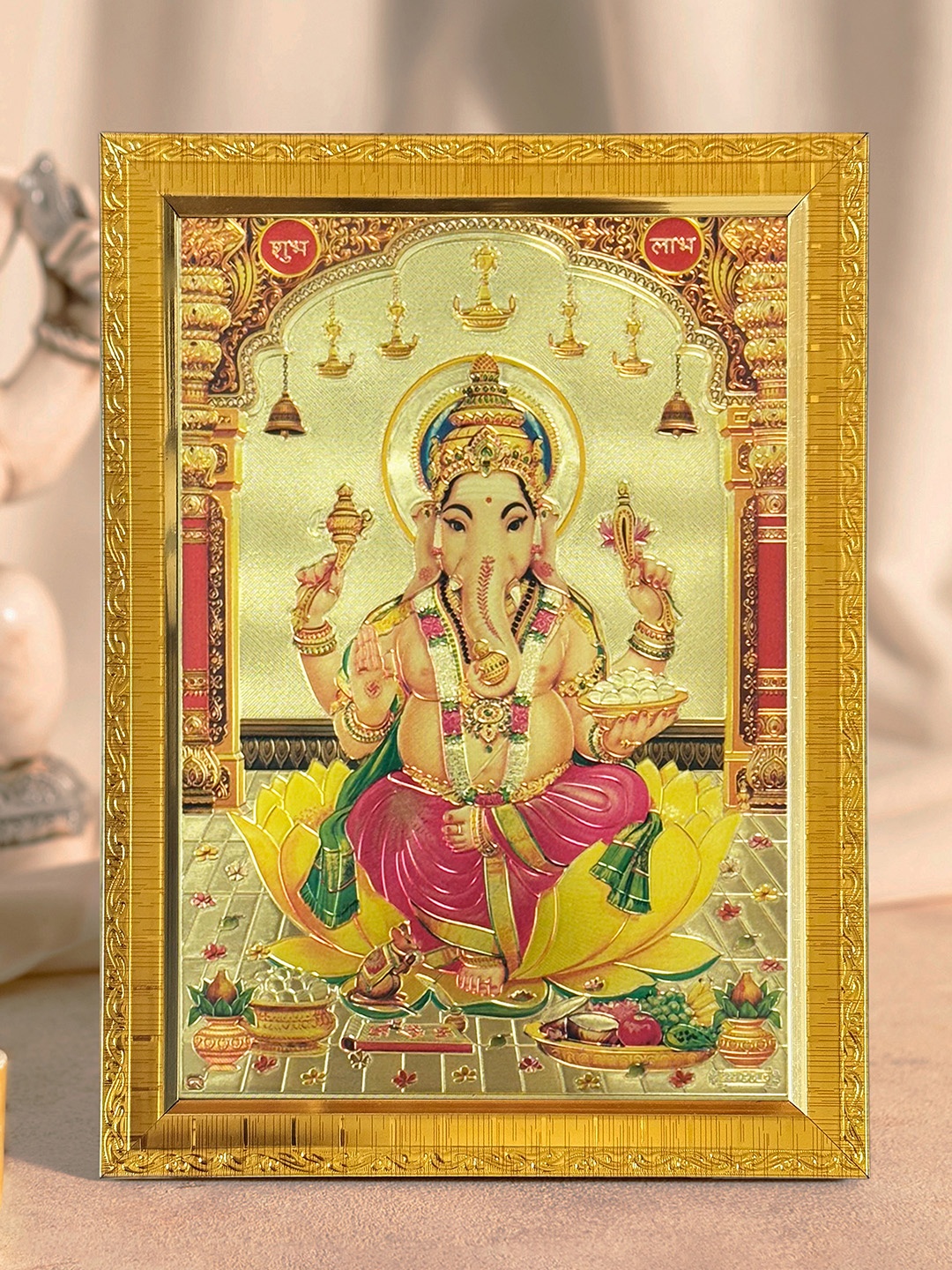 

Art Street Gold-Toned & Pink Lord Ganesh Wooden Embossed Table Top Frame