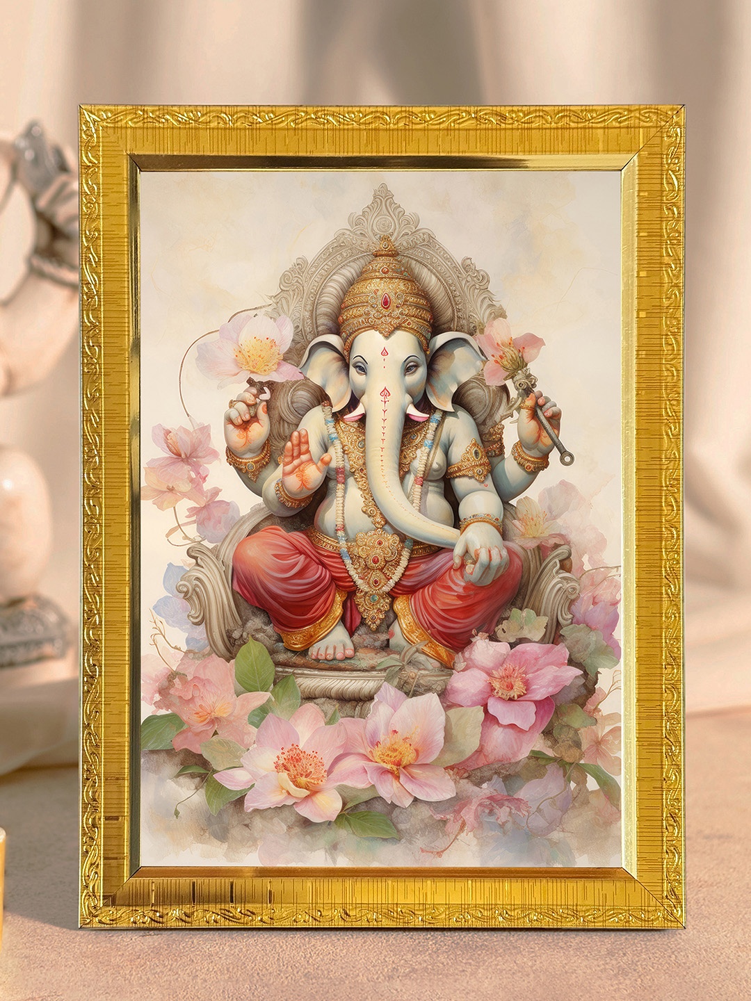 

Art Street Gold-Toned & Red Lord Ganesh Wooden Embossed Table Top Frame