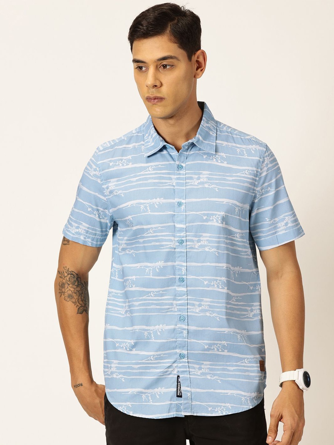 

Provogue Men Premium Slim Fit Horizontal Stripes Opaque Printed Casual Shirt, Blue