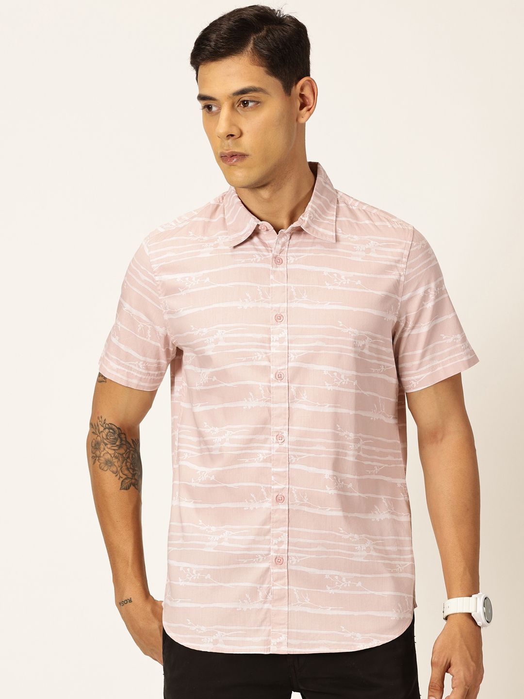 

Provogue Men Premium Slim Fit Horizontal Stripes Opaque Striped Casual Shirt, Pink