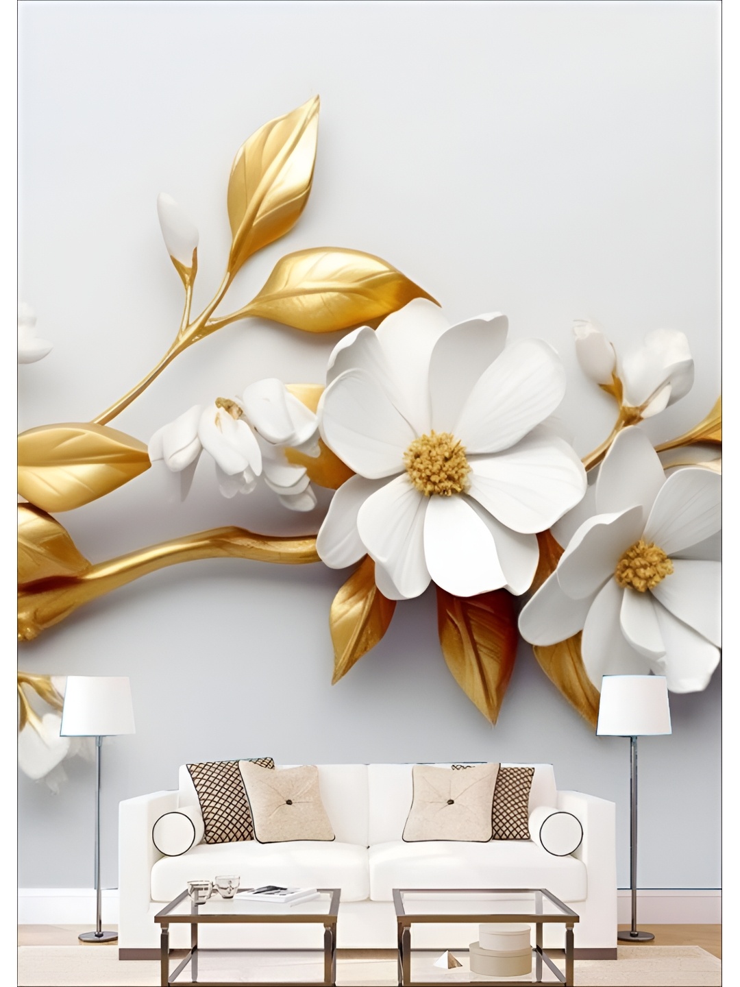 

Aura White & Gold Floral Printed 3D Wall Panel