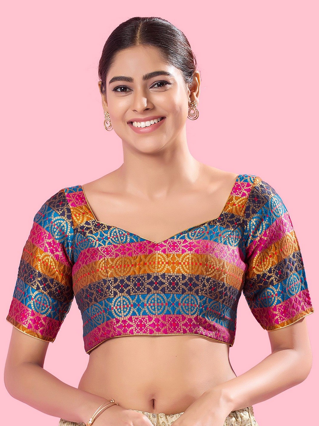 

Mmore Woven Design Padded Saree Blouse, Blue