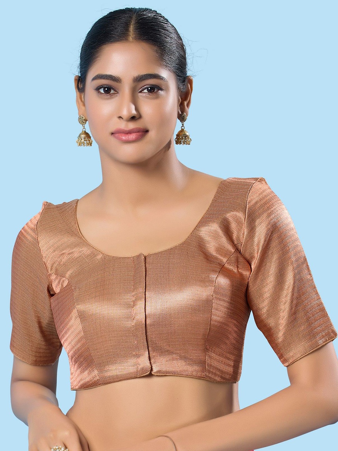 Mmore Woven Design Short Sleeves Saree Blouse, Rust