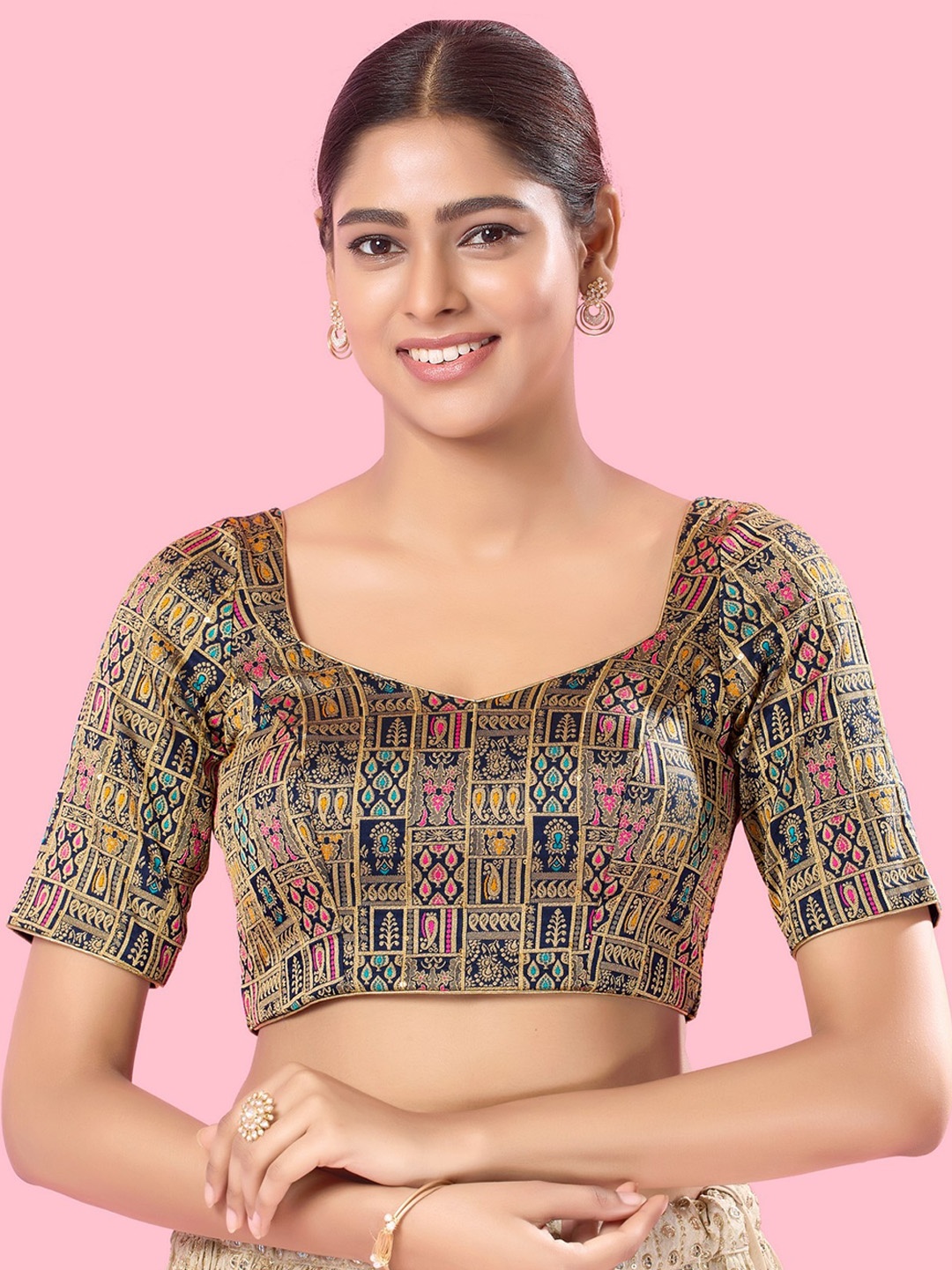 

Mmore Printed Saree Blouse, Navy blue