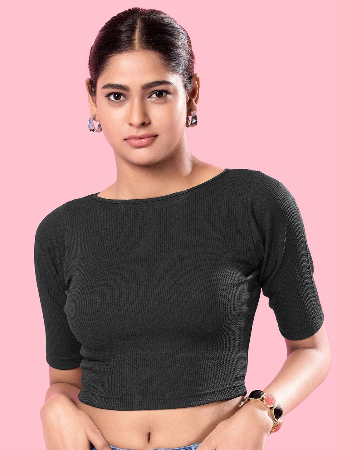

Mmore Short Sleeves Stretchable Saree Blouse, Black
