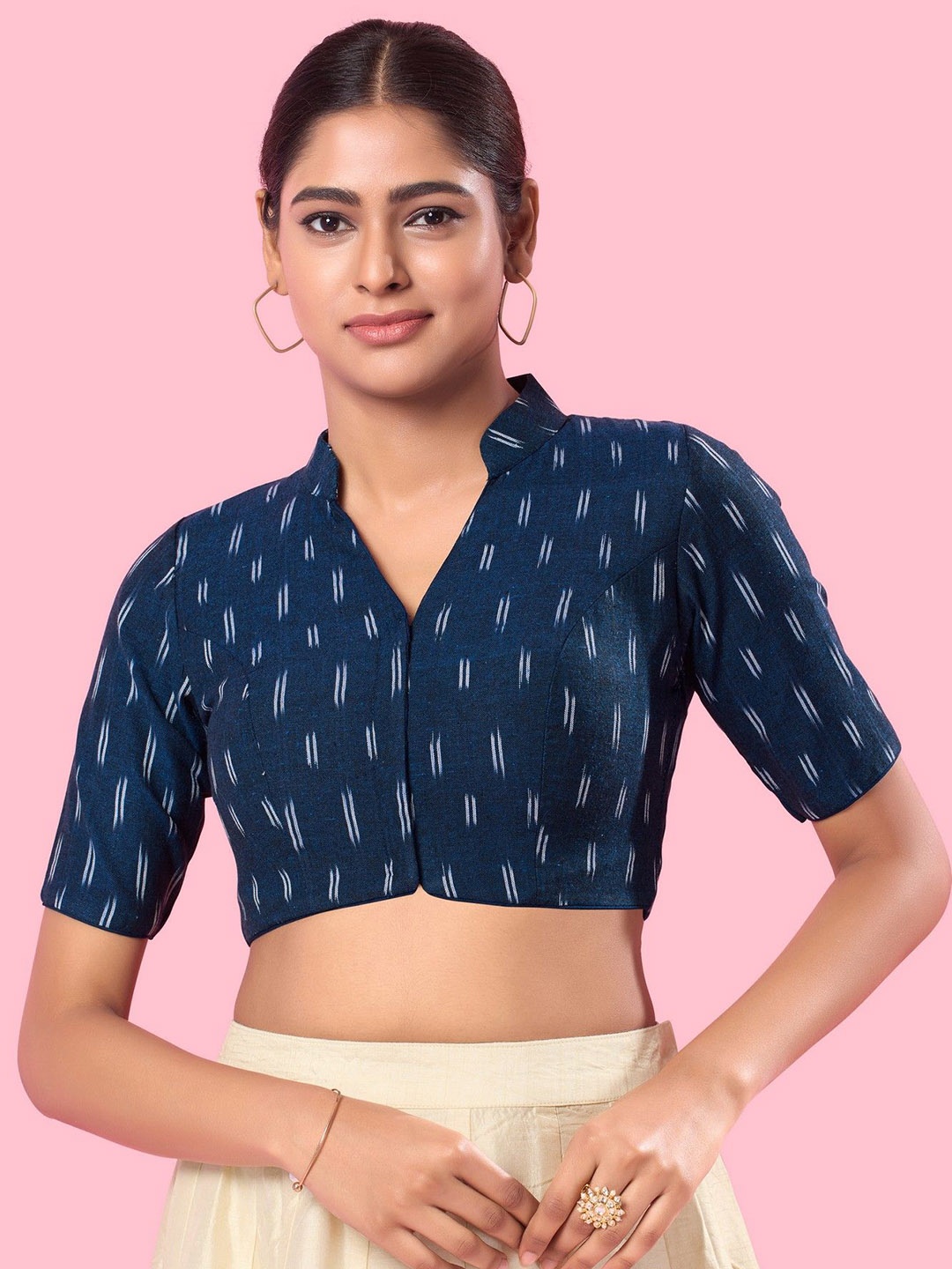 

Mmore Printed Cotton Saree Blouse, Navy blue