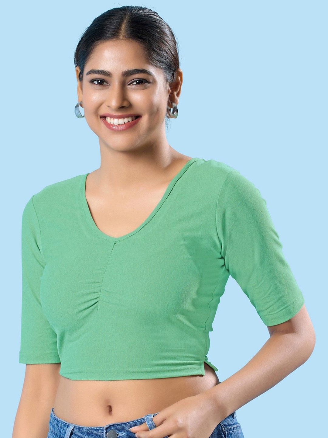 

Mmore Short Sleeves Stretchable Saree Blouse, Green