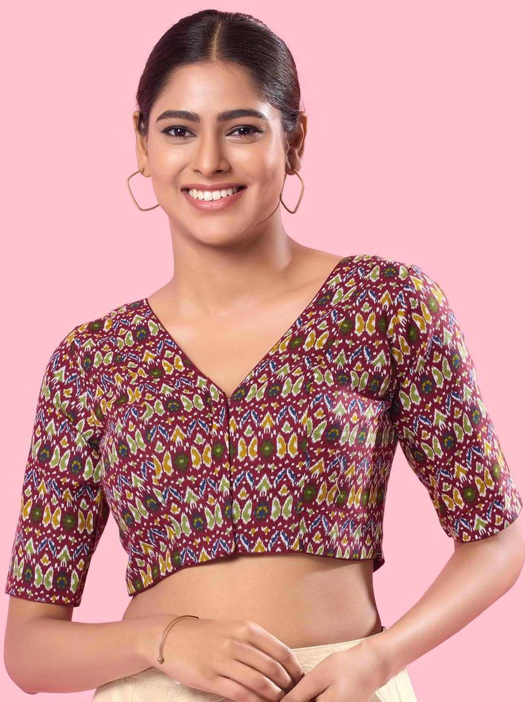 

Mmore Printed Cotton Padded Saree Blouse, Maroon