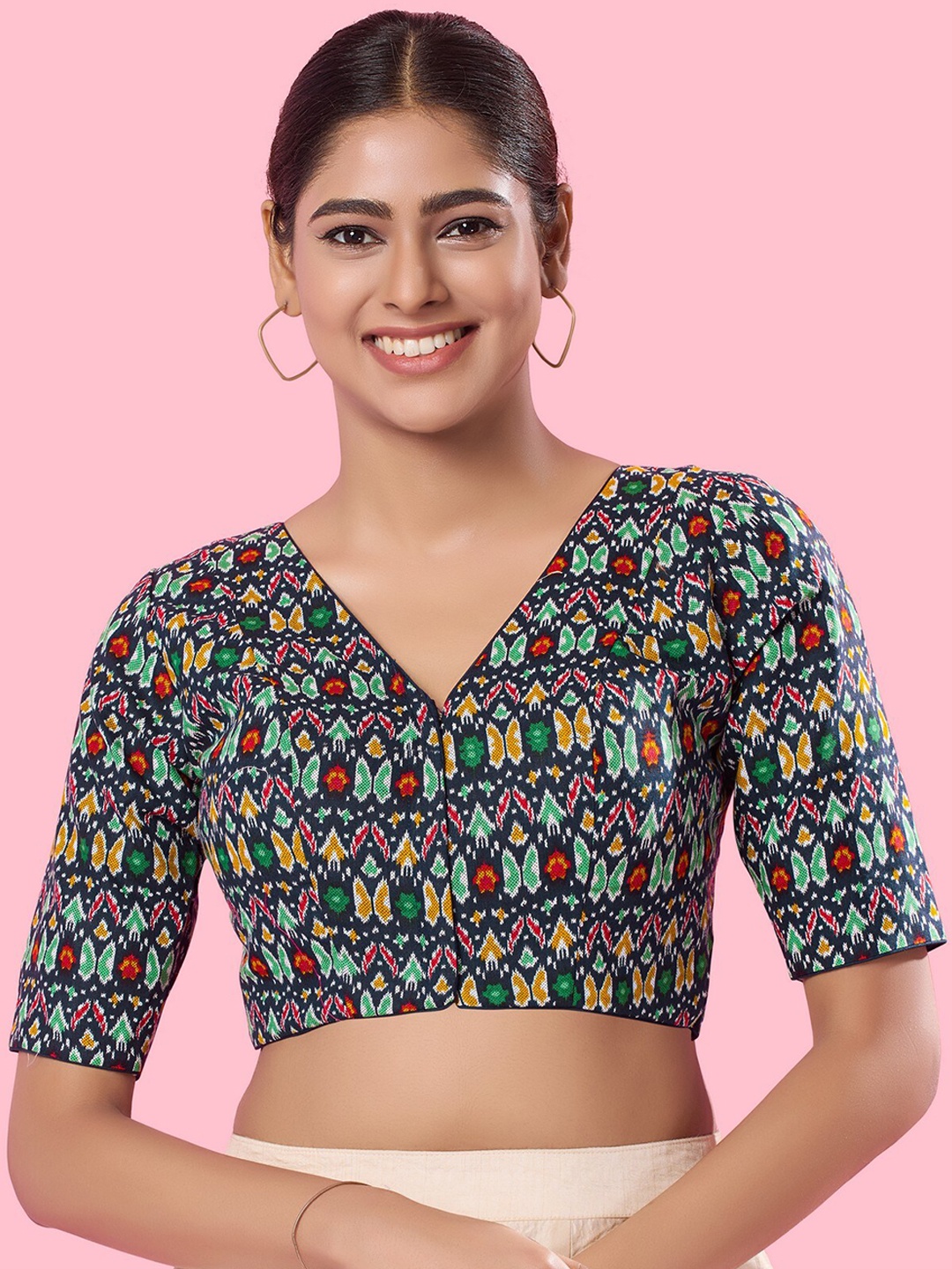 

Mmore Printed Cotton Padded Saree Blouse, Navy blue