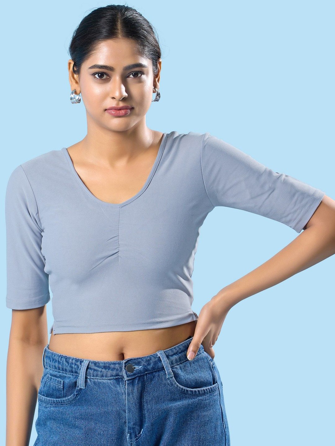 

Mmore Round-Neck Saree Blouse, Grey