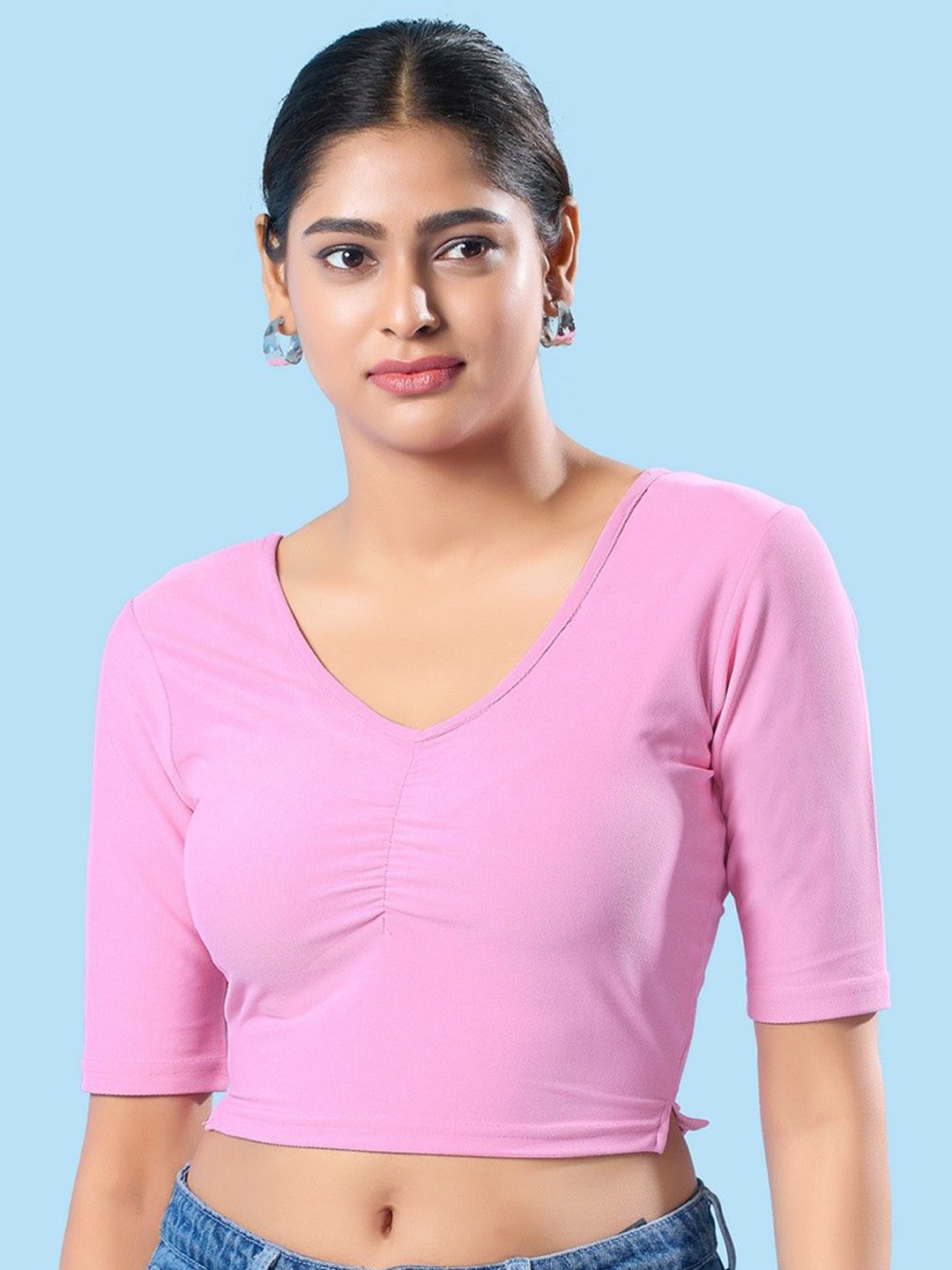 

Mmore Round-Neck Stretchable Saree Blouse, Pink