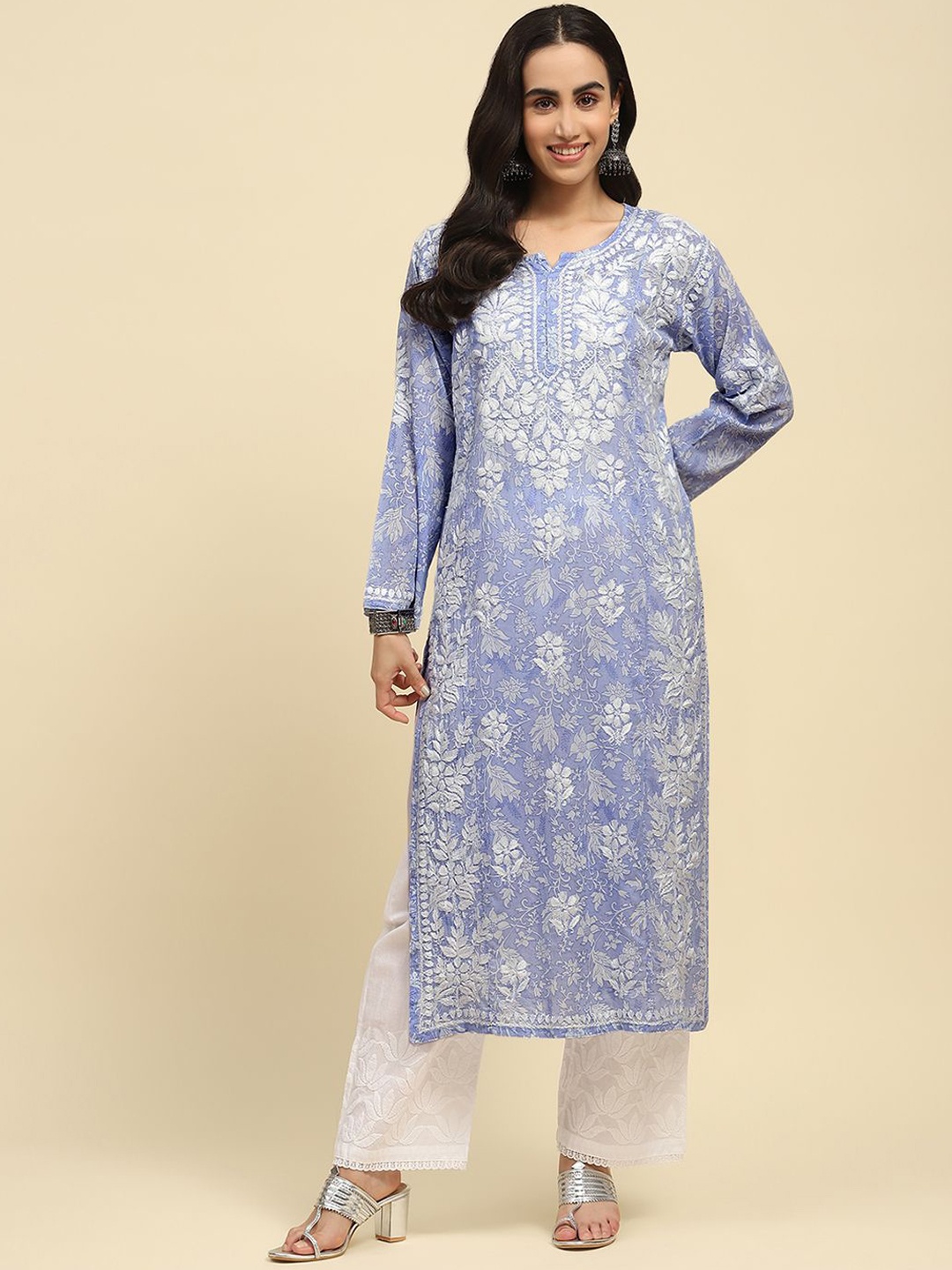 

House of Chikankari Women Embroidered Flared Sleeves Chikankari Kurta, Purple