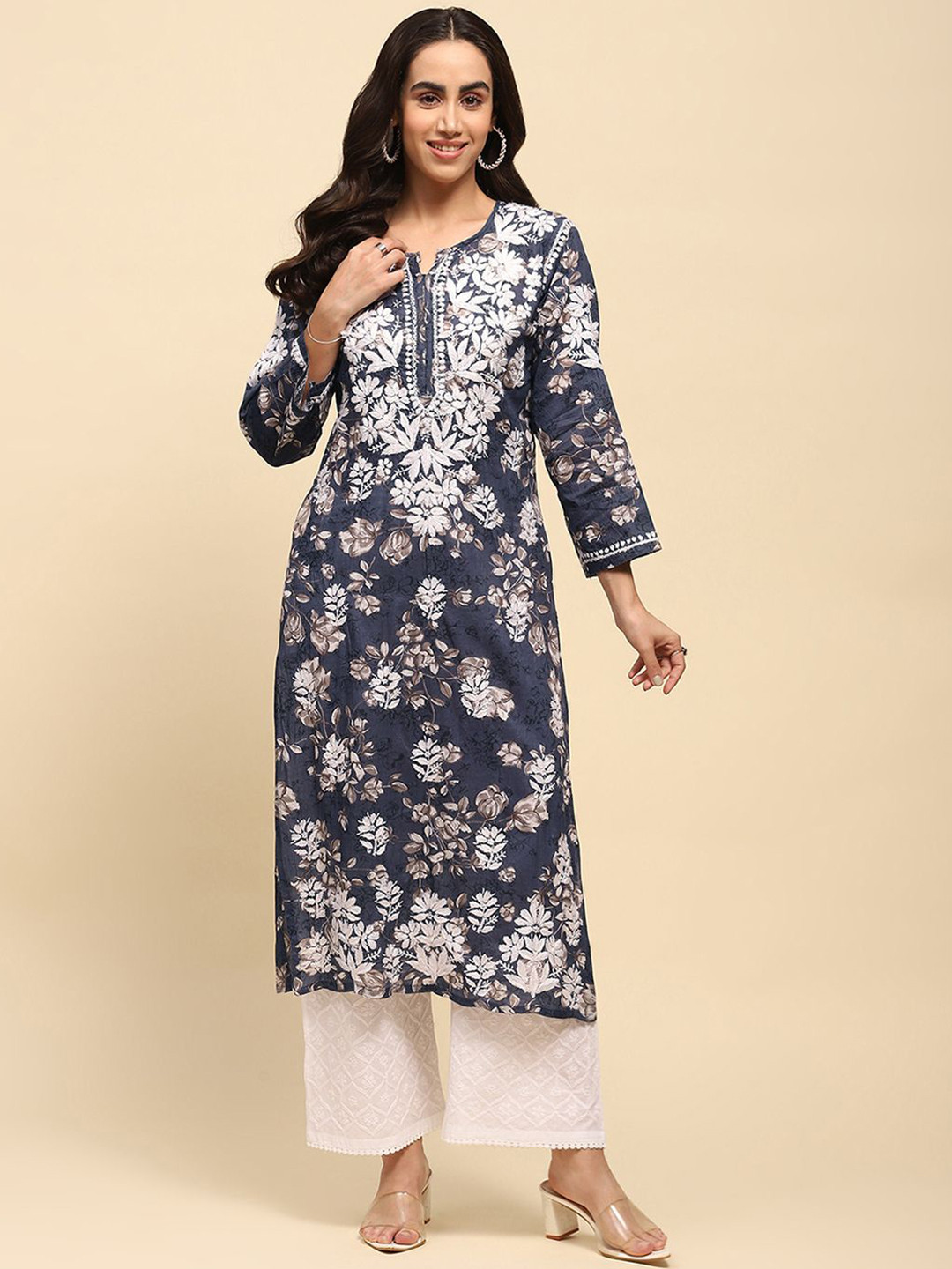 

House of Chikankari Women Printed Flared Sleeves Sequinned Kurta, Blue