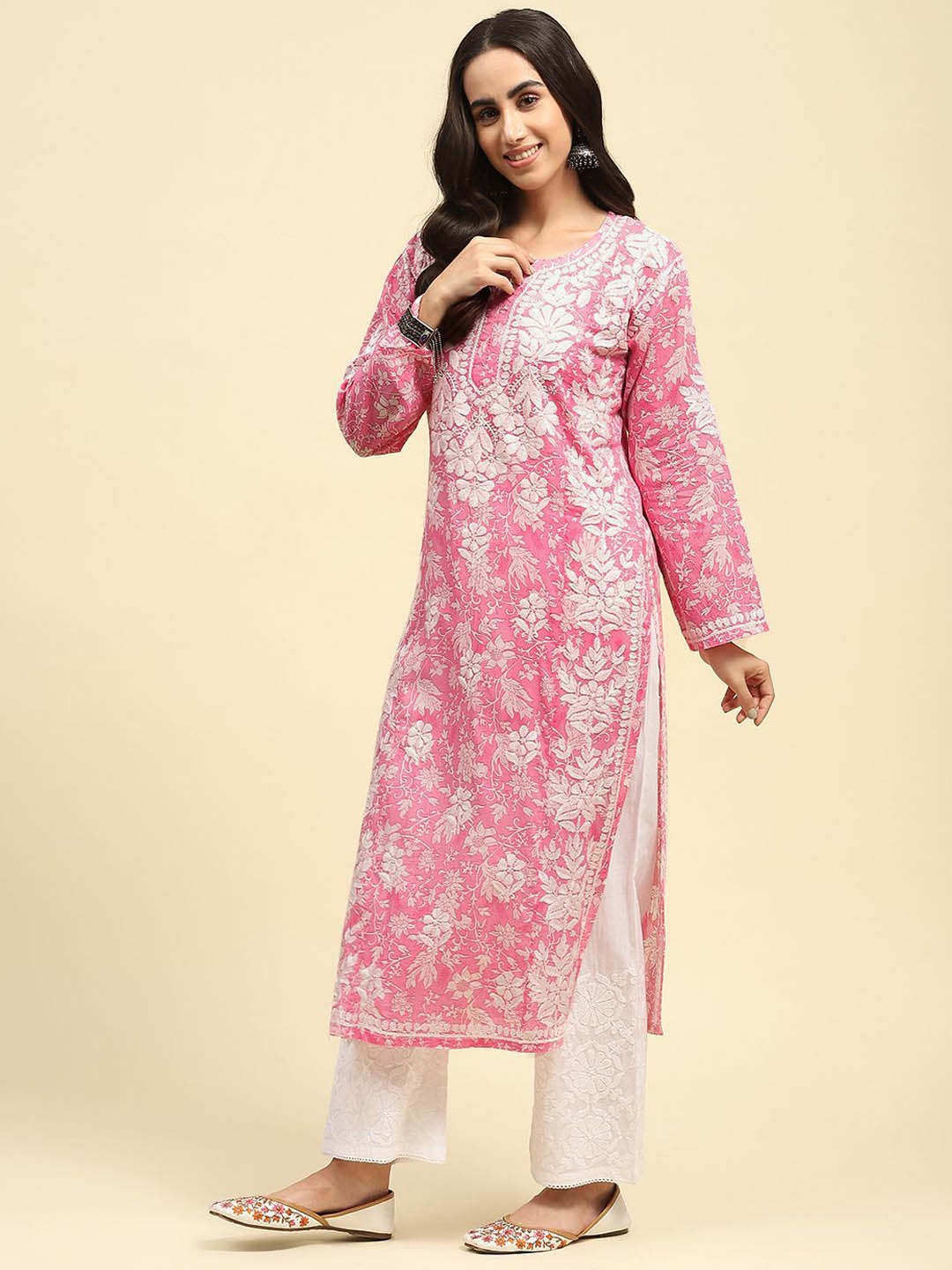 

House of Chikankari Women Embroidered Flared Sleeves Thread Work Kurta, Pink