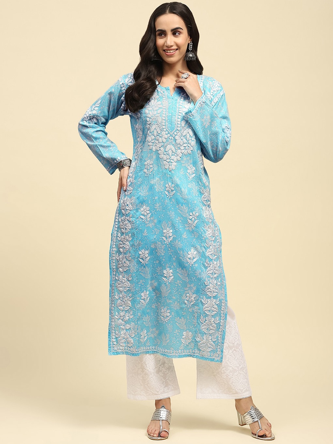

House of Chikankari Women Embroidered Flared Sleeves Sequinned Kurta, Blue