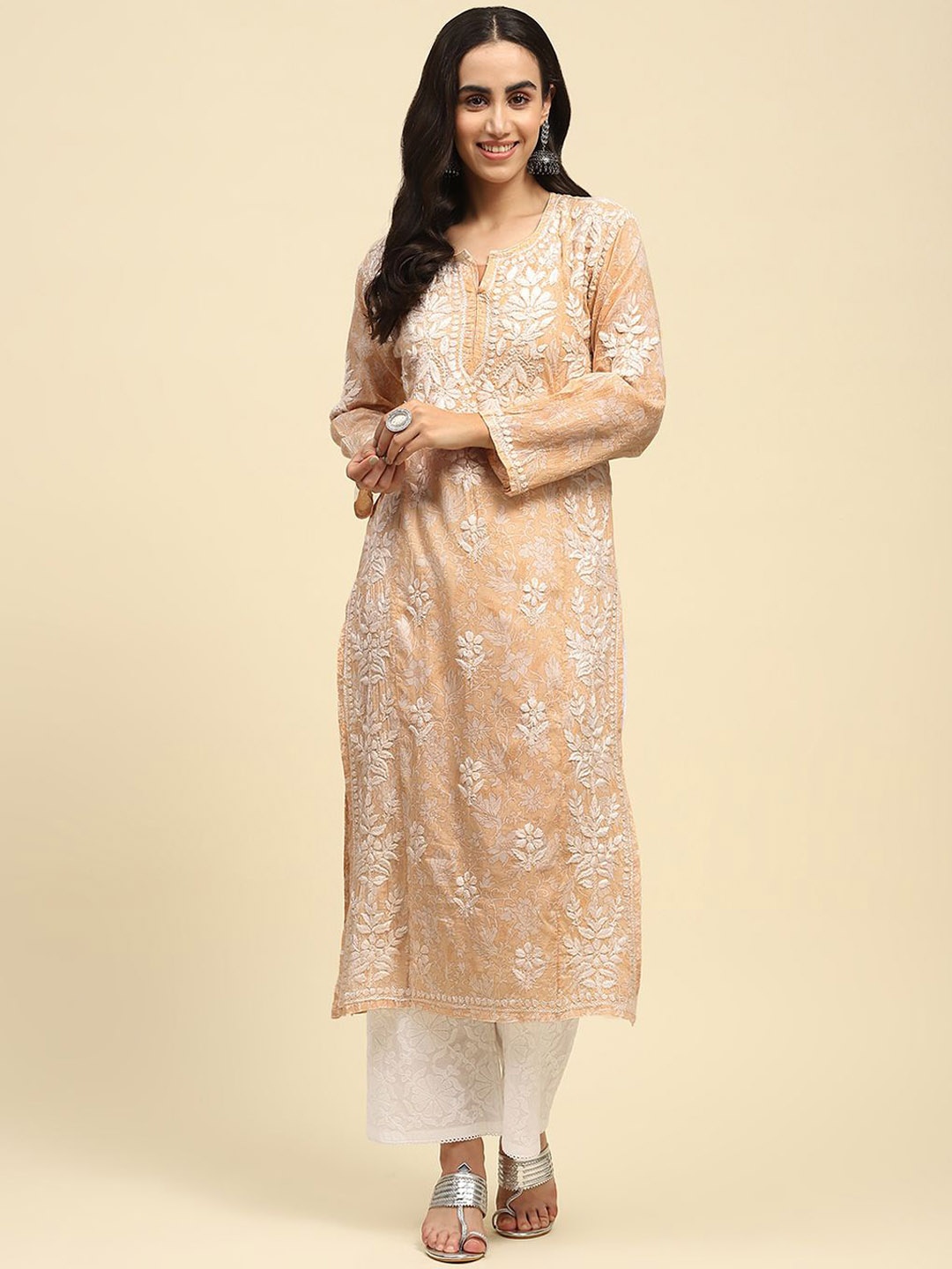 

House of Chikankari Women Embroidered Flared Sleeves Chikankari Kurta, Beige