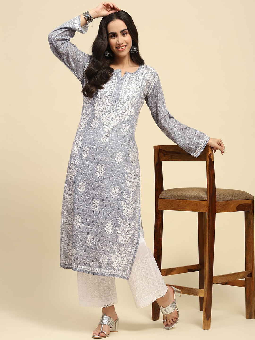 

House of Chikankari Chikankari Printed Kurta, Grey