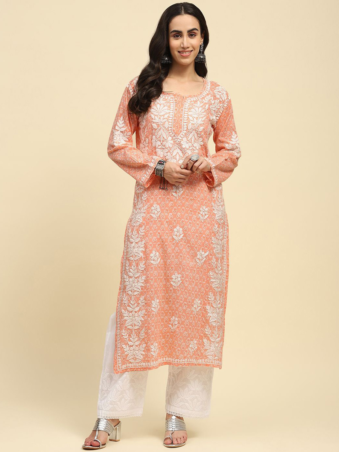 

House of Chikankari Women Embroidered Chikankari Kurta, Orange