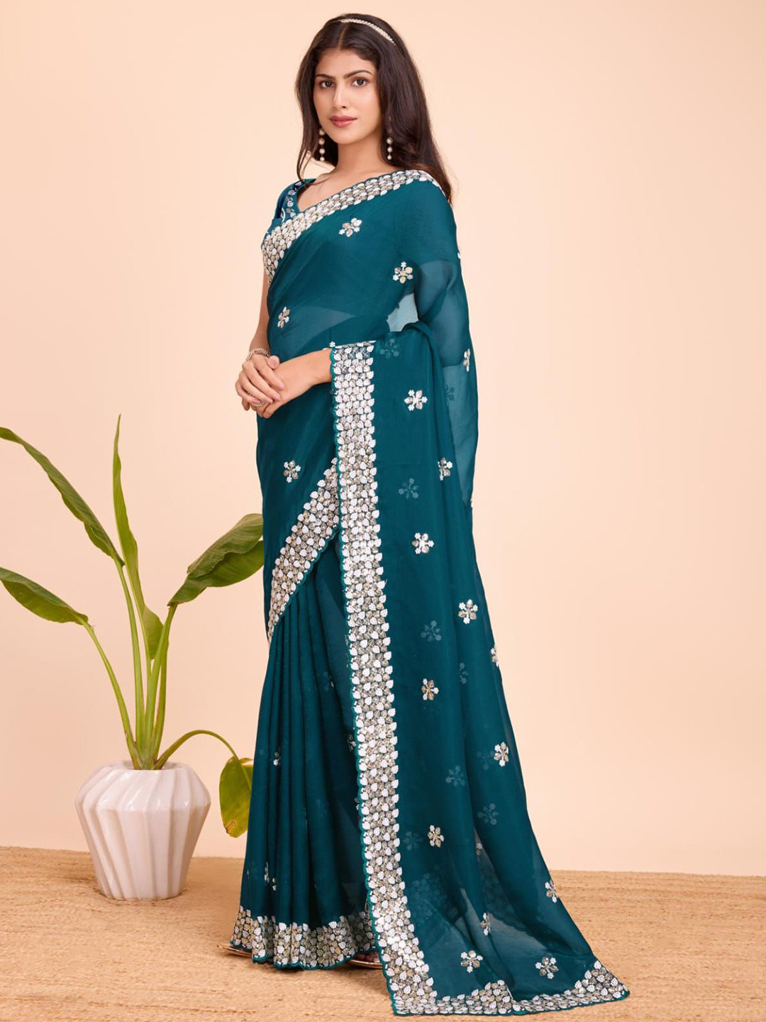 

KALINI Ethnic Motifs Embroidered Saree, Blue