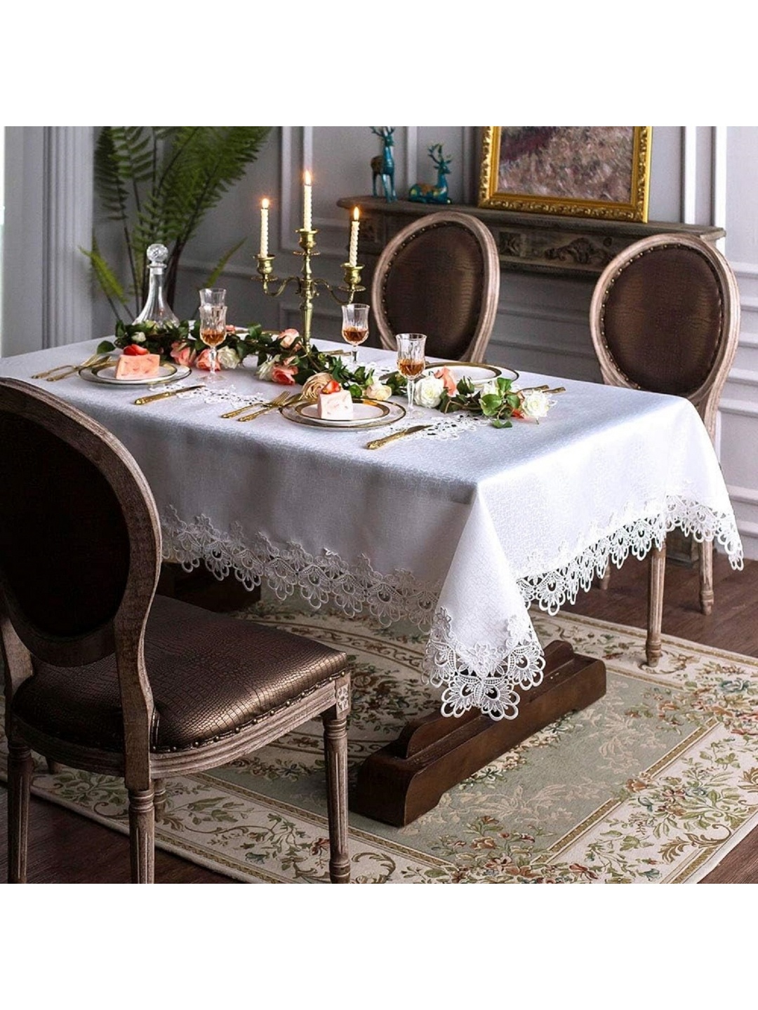 

TANLOOMS White Floral Cotton 6-Seater Table Cover with Embroidered details