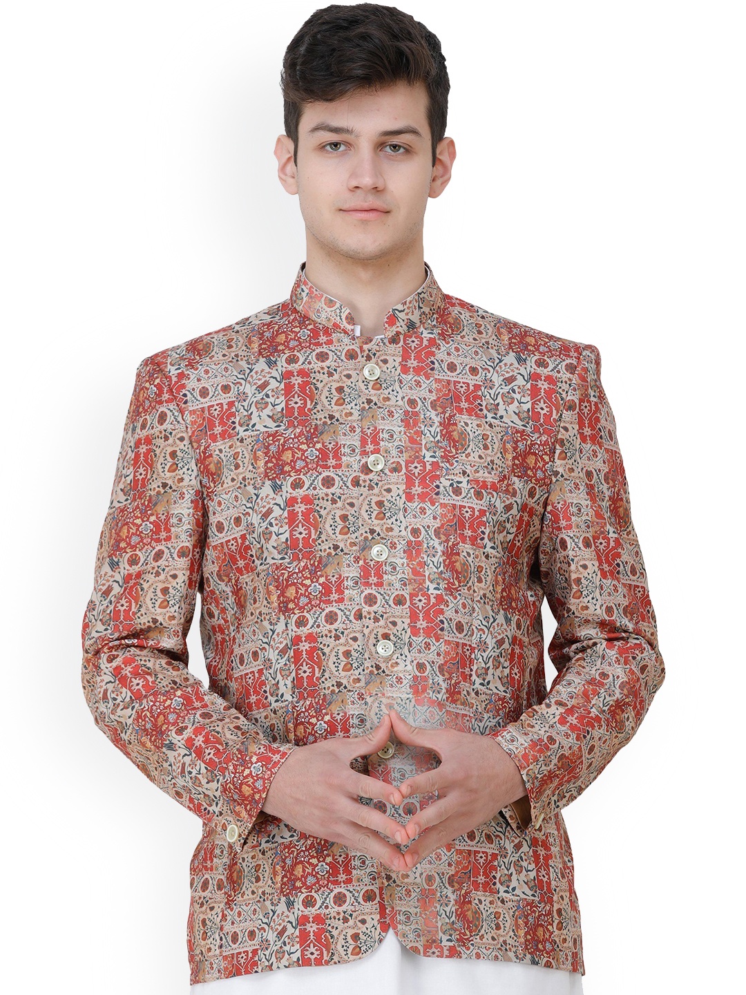 

Exotic India Art Silk Wedding Bandhgala Blazer with Oriental Print, Brown