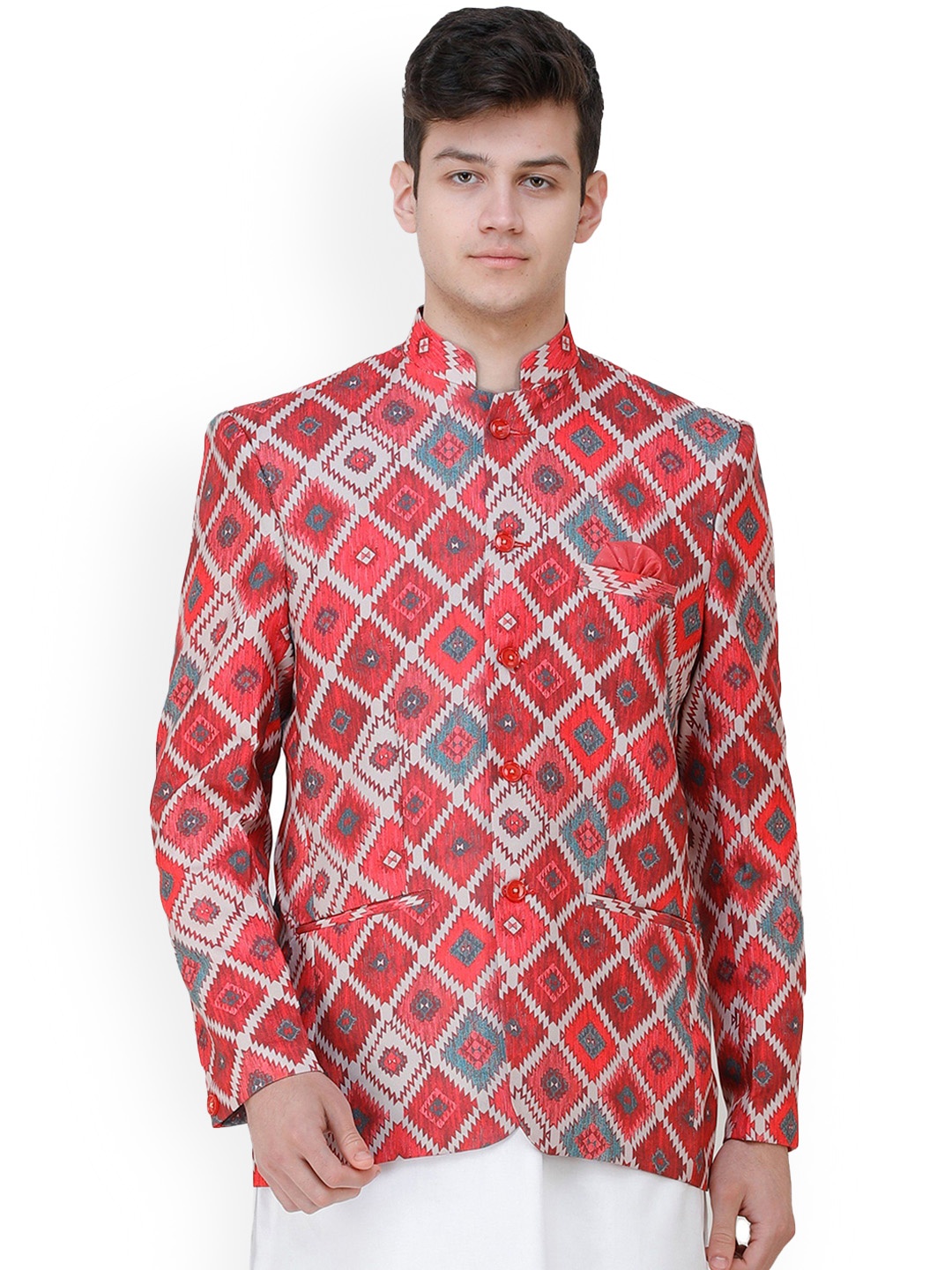 

Exotic India Art Silk Garnet Rose Digital-Printed Wedding Blazer