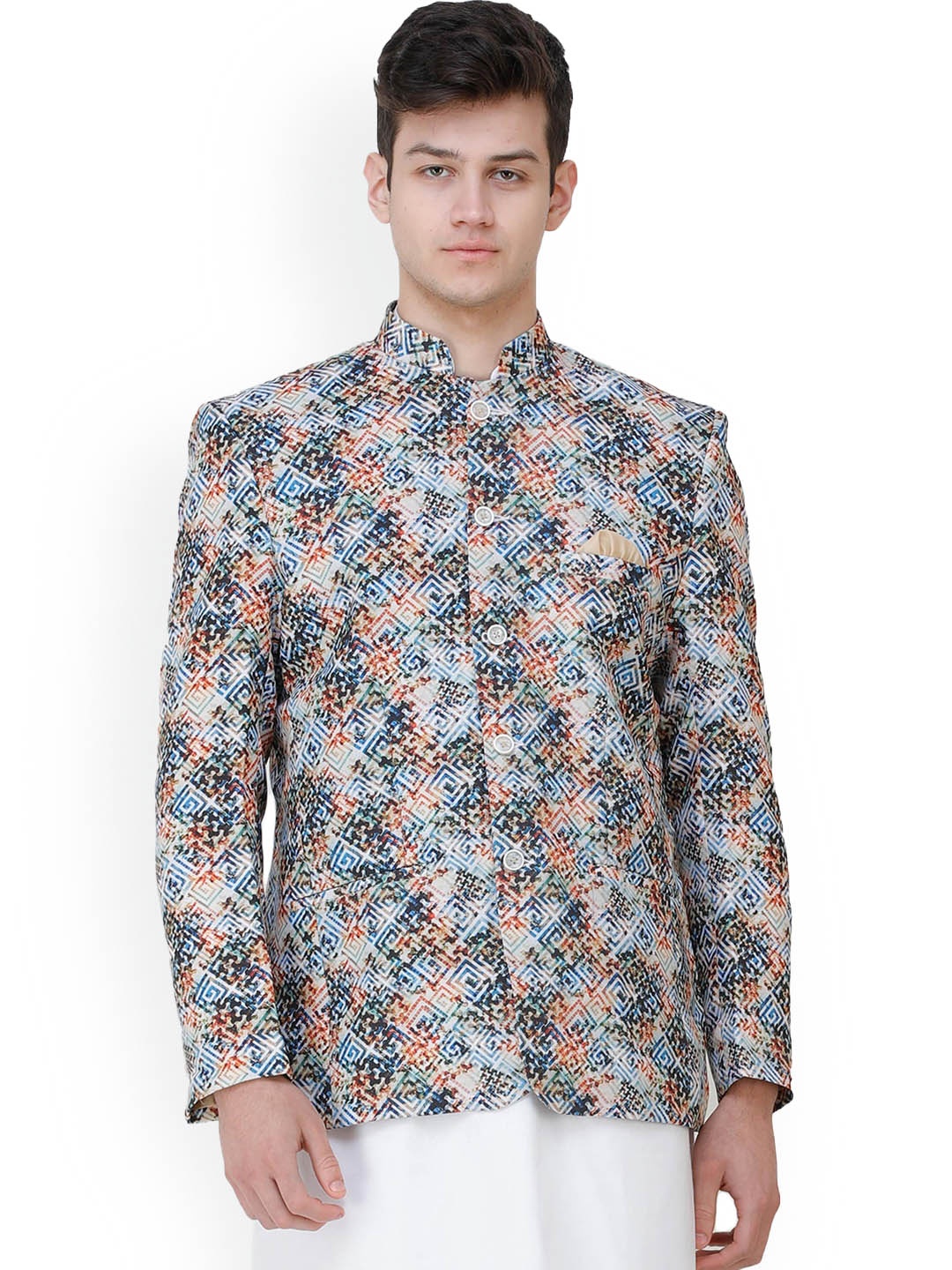 

Exotic India Art Silk Bandgala Blazer with Digital-Printed Puzzle Squares, Blue