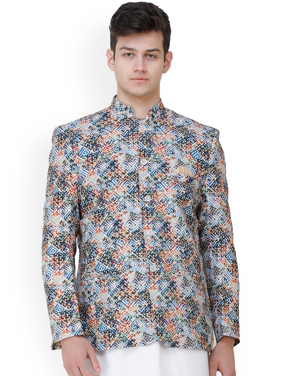 

Exotic India Art Silk Air Blue Blazer with Digital-Printed Puzzle Squares