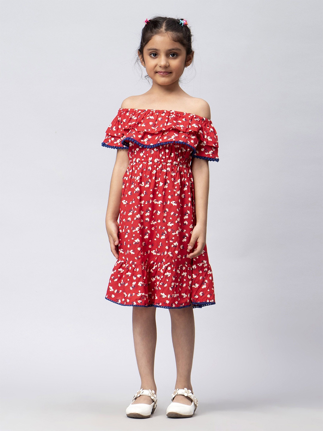 

HERE&NOW Floral Print Off-Shoulder Fit & Flare Dress, Red