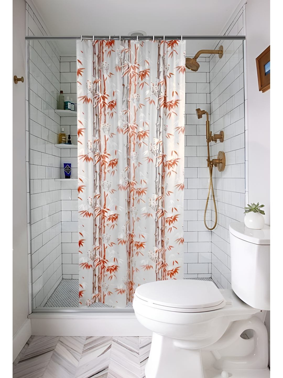 

CASA-NEST Floral White & Orange-Colored Printed Shower Curtain, Off white