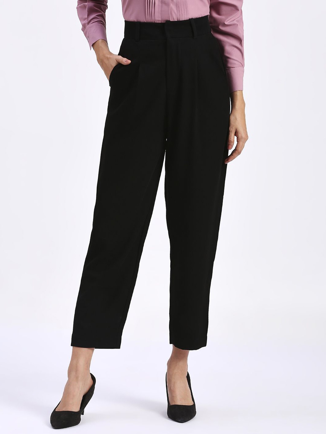 

BAESD Women Straight Fit Easy Wash Pleated Trousers, Black